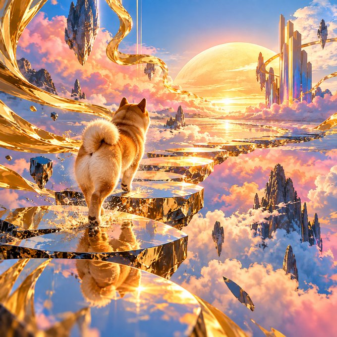 A Shiba Inu dog walks up golden reflective stairs toward a sunset in a surreal sky landscape with floating islands and crystalline structures.