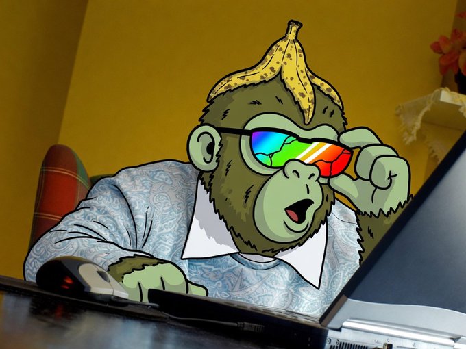 A photo of a laptop screen displaying a cartoon illustration of a cool monkey with rainbow sunglasses and a banana peel on its head, wearing a patterned shirt, set against a yellow wall.