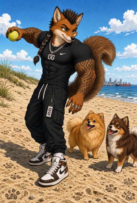 Digital illustration of an anthropomorphic fox wearing a black Nike shirt with 'OG' chain, black pants, and Jordan sneakers, holding a tennis ball on a beach with two Pomeranian-like dogs and a city skyline in the background.