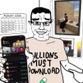 A grainy Wojak meme image featuring a crying/distressed cartoon figure on the left and a silhouetted person sitting on stairs on the right, with the text "ILLIQUIDS MUST DOWNLOAD" overlaid—suggesting a desperate call to action for viewers to enter the meme coin market on Solana via Pumpfun to escape financial ruin.
