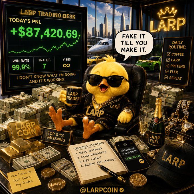 A baby chick wearing sunglasses and a "LARP" robe sits surrounded by staged wealth props—including gold bars labeled "LARP COIN," a champagne bottle marked "LARP FUEL," a private jet, and a trading desk displaying "+$$87,420.69" PnL with a "99.9% WIN RATE"—while a speech bubble declares "FAKE IT TILL YOU MAKE IT." The satirical image mocks the curated "crypto lifestyle" shown on social media, contrasting the flashy Lamborghini-and-private-jet fantasy with the reality of a tiny chick who can barely afford an iced latte, reinforcing the post's theme that much of the "LARP" (Live Action Role Play) flexing online is hollow performance rather than actual profits.