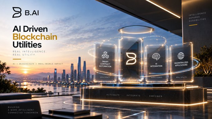 A promotional banner for B.AI titled 'AI Driven Blockchain Utilities - Real Intelligence, Real Utility,' showcasing glowing holographic panels labeled 'Smart Contract Automation,' 'AI Integration,' and 'Decentralized Applications' with the tagline 'Automate • Integrate • Empower.'