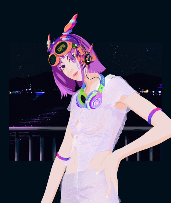 An anime-style digital illustration of a character with purple hair wearing orange headphones labeled "CFD" and colorful "LE" headphones around her neck, dressed in a white lacy top against a dark nighttime cityscape background.