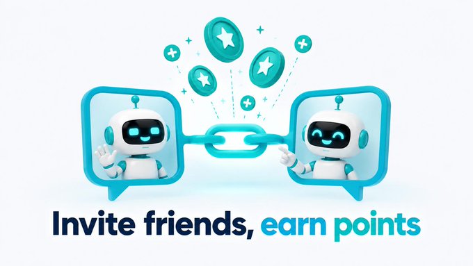 A bright, 3D-rendered illustration of two friendly white robots connected by a chain link, surrounded by floating teal coins with stars, with the text 'Invite friends, earn points' below.