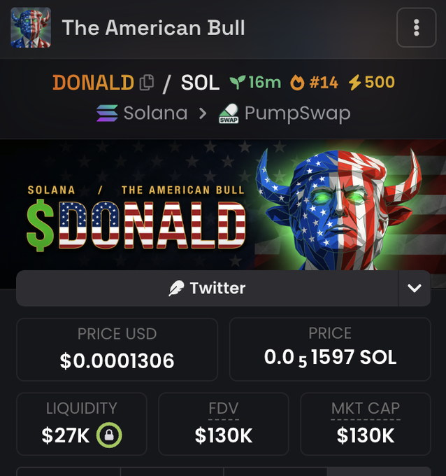 The image shows a PumpSwap trading page for the "$DONALD" memecoin on Solana, nicknamed "The American Bull," with a price of $0.0001306 USD, a market cap of $130K, and a 16-minute-old listing. The post promotes an airdrop giveaway of $10,000 in $DONALD tokens, leveraging the coin's "American Bull" branding to attract followers ahead of the launch.