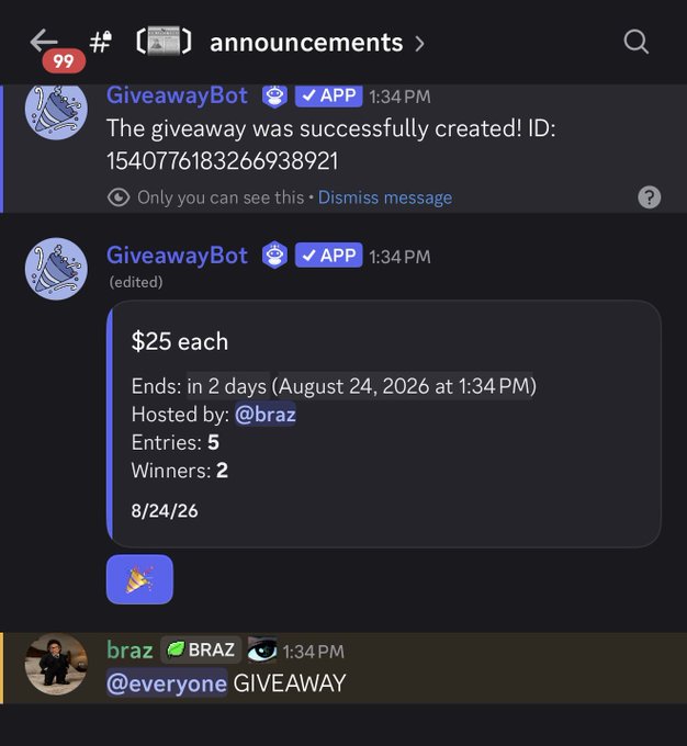 A Discord screenshot showing a GiveawayBot announcement for a $25 giveaway with 2 winners, hosted by @braz, alongside a '@everyone GIVEAWAY' message.