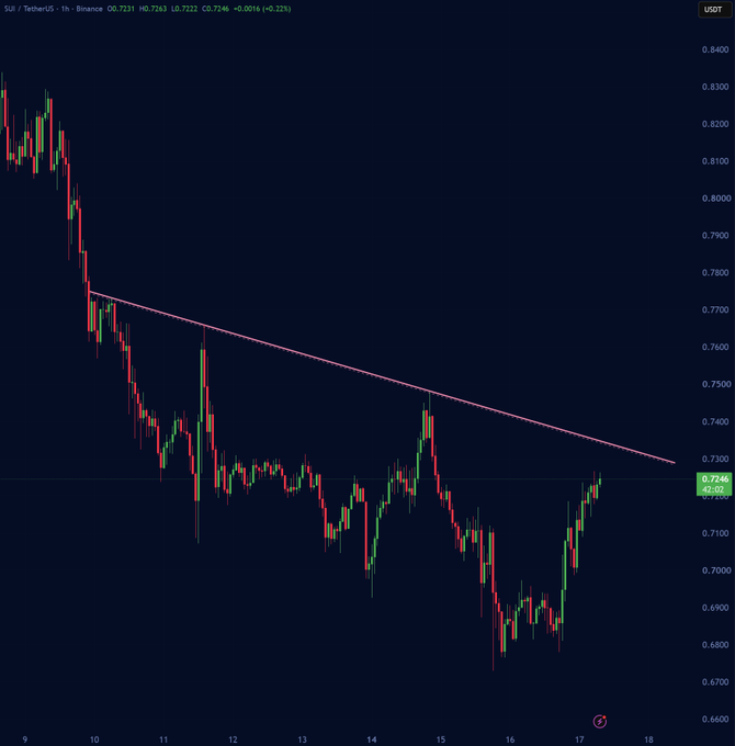 A TradingView candlestick chart for the SUI/USDT pair on Binance, showing a downtrend with a descending trendline and a current price around 0.7246.
