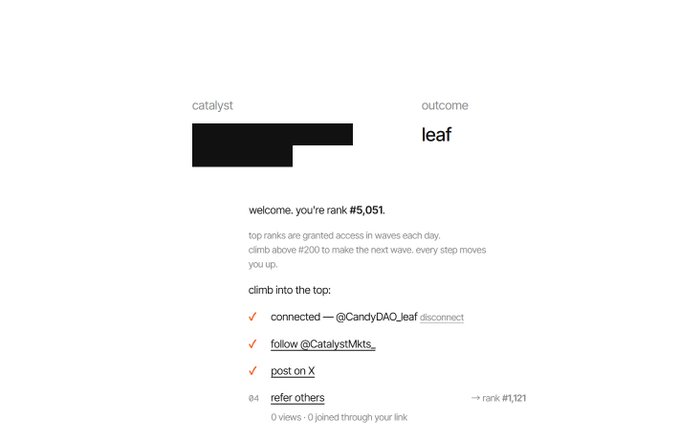 A screenshot of a ranking webpage titled 'catalyst' and 'outcome leaf', showing 'welcome. you're rank #5,051' with instructions to connect, follow, and post to climb ranks.
