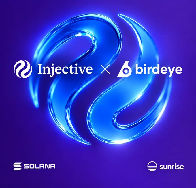 A blue-themed graphic shows the Injective and birdeye logos with a multiplication sign between them, with Solana and sunrise logos in the bottom corners.