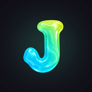 A 3D-rendered glossy letter 'J' in gradient blue and green colors against a black background.