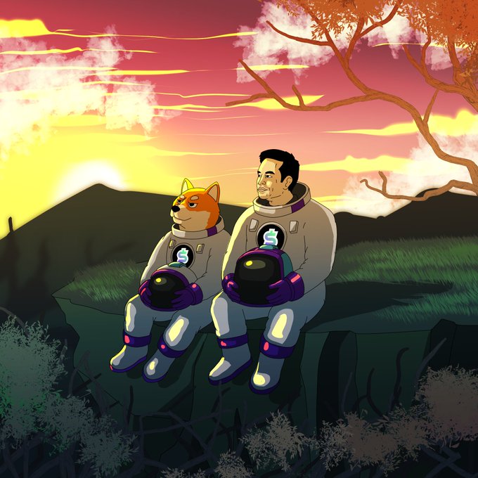 An astronaut and his Shiba Inu companion in spacesuits sit side-by-side on a cliff at sunset, each holding a helmet, evoking a sense of companionship and pioneering spirit that mirrors the post's invitation to be among the first to bid on $XMONEY, the first-ever deployment on Ethereum and Solana.