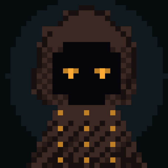 Pixel art of a brown hooded figure with glowing yellow eyes set against a black background.