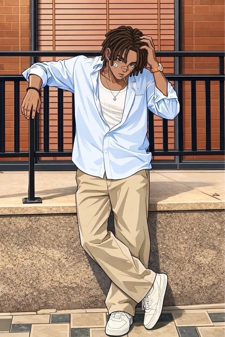 An anime-style illustration of a young man with dreadlocks wearing a light blue shirt and beige pants, leaning against a railing in a casual urban setting.