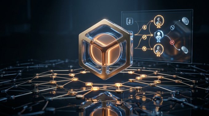 A futuristic 3D render featuring a glowing golden hexagonal/cube icon above a network grid with a transparent screen showing user connection nodes.
