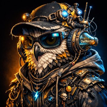 The image features a cartoon owl wearing headphones, sunglasses, and a hoodie with various items attached to it. The owl appears to be wearing a necklace that has a blue light at its center. The background of the image is dark, which contrasts with the bright colors of the owl's outfit and accessories. There are no texts or other objects in the image besides the owl and its surroundings.