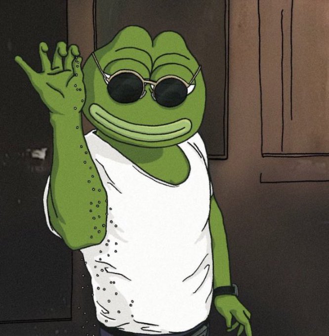 A cartoon illustration of a green frog character wearing round sunglasses and a white tank top, waving with one hand.