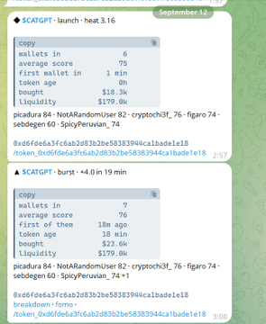 The image shows two Telegram screenshots from a bot named "$CATGPT" posted on September 12, displaying token analytics: the first alert at 3:16 for "heat" token with 6 wallets, score 75, 18+ age, $18.3k liquidity, and the second at 3:00 for "burst" with 7 wallets, score 76, 10 min token age, $23.6k liquidity, both with picardura contract addresses and timestamps confirming automated logging.