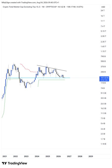 A TradingView chart of CRYPTOCAP (Crypto Total Market Cap Excluding Top 10) on the 1-month timeframe shows a current value of 161.62B USD with a minor decline of -108.17M (-0.07%), trading at a key horizontal support zone around 110-160B after breaking down from a descending triangle pattern. The chart visually reinforces the post's bullish stance on altcoins at this "critical macro support" level, despite recent underperformance.