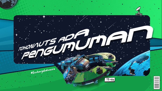 A promotional banner with a space-themed design features a stylized spaceship flying past Earth against a starry background, with the text "TOKONAUTS ADA PENGUMUMAN" (Tokonauts, There's an Announcement) and the hashtag #ExchangeIndonesia displayed on a vibrant green backdrop.

The image relates to the post by visually signaling an important announcement from Tokocrypto to its "Tokonauts" (their term for users) regarding upcoming operational adjustments to partner bank services during the Prophet Muhammad's Birthday holiday.