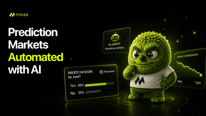 Moss advertisement for AI-automated prediction markets, featuring a moss-covered mascot and a Polymarket question about whether BTC will hit $100K by June.