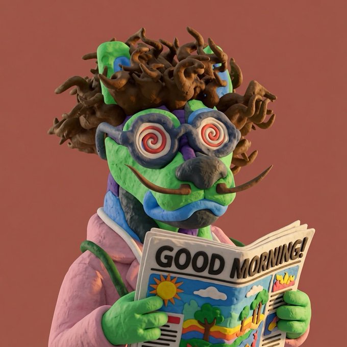 A whimsical claymation-style creature with wild brown hair and spiral glasses reads a newspaper with the headline "GOOD MORNING!" above a colorful sunrise illustration, humorously greeting the poster's question about whether to create a PumpFun profile with playful morning energy.