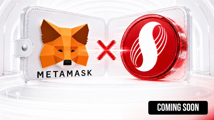 The image displays a promotional graphic featuring the MetaMask fox logo alongside a red circular token, separated by an "X" symbol within an open wallet design, with "COMING SOON" text at the bottom right. This visually suggests a forthcoming MetaMask integration or partnership with the project. The red token's logo and branding align with Supra ($SUPRA), the MultiVM Layer-1 blockchain mentioned in the post, indicating an upcoming wallet compatibility announcement.