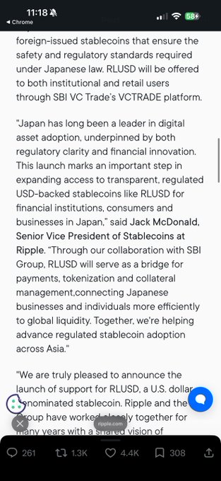 A screenshot of a phone displaying a text message or webpage. The image includes several bullet points that seem to be related to stablecoins, Japanese yen, or Bitcoin. The main focus appears to be on stablecoins as a means for payments, tokenization, and collateral management rather than the use case for Bitcoins. The screenshot also includes a small picture of an x with two words underneath: "RLUSD" in the bottom left corner and "eth" in the top right corner.