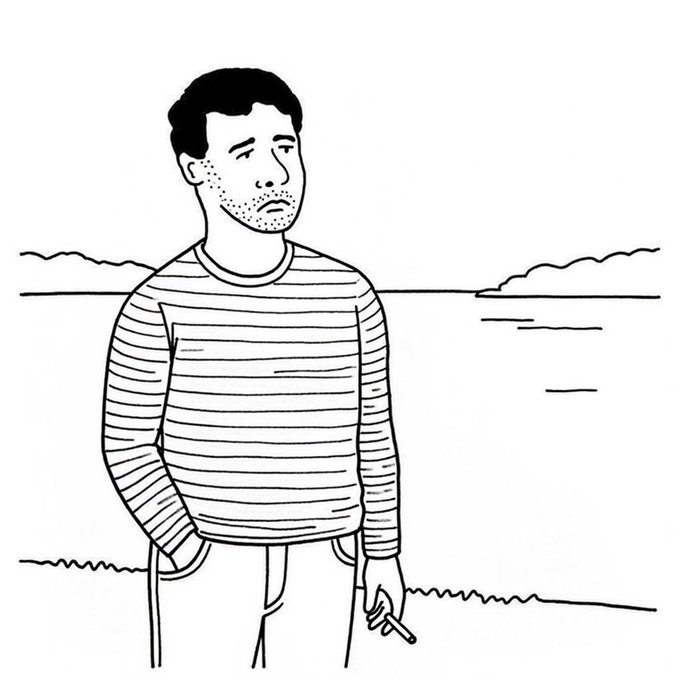 A black-and-white line drawing illustration of a pensive man in a striped sweater standing outdoors near what appears to be water or a horizon line, holding a cigarette in his hand with a melancholic expression.