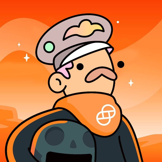 A cartoon illustration of a captain wearing a grey hat and an orange bandana with a skull symbol, carrying a dark grey backpack against an orange background.