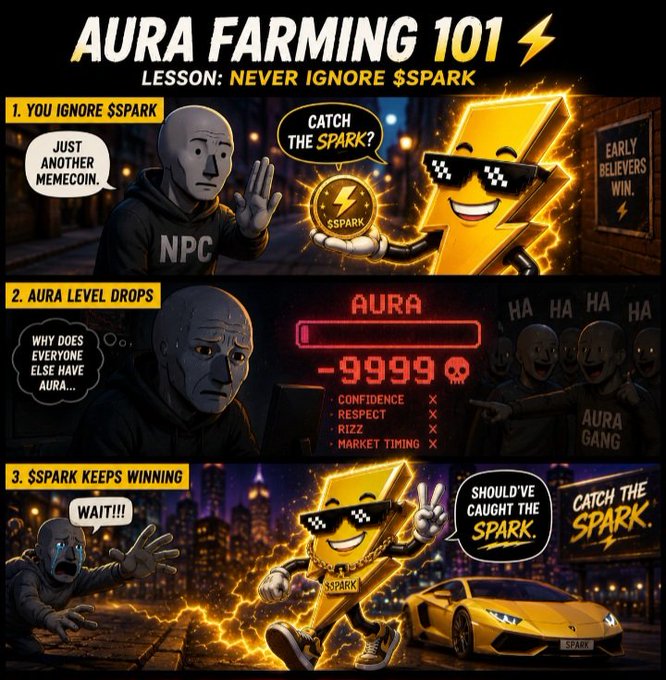 The image is a three-panel comic titled "AURA FARMING 101: LESSON - NEVER IGNORE $PARK," showing an "NPC" character dismissing $PARK as "just another memecoin" before losing all "AURA" (-9999, including confidence, respect, rizz, and market timing) while $PARK wins with a sports car and gold chain. The comic illustrates the cautionary crypto lesson referenced in the post, which explains how $PARK was born from a conversation with ChatGPT and builds its entire narrative around AI-driven themes of catching the spark before it's too late.