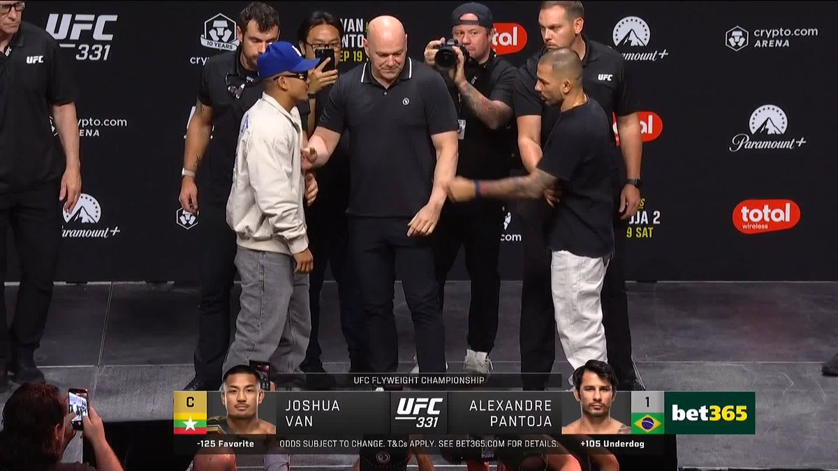 Joshua Van and Alexandre Pantoja face off at the UFC 331 press conference ahead of their Flyweight Championship bout at Crypto.com Arena, with Van favored at -125 and Pantoja the underdog at +105, as promoted by Bet365.