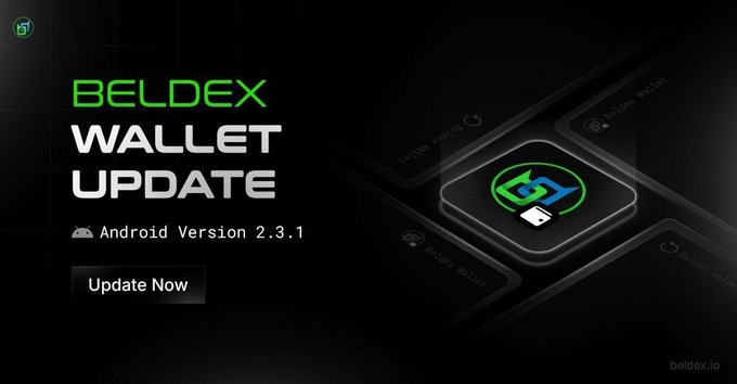 A promotional banner for 'BELDEX WALLET UPDATE' Android Version 2.3.1 with an 'Update Now' button and the beldex.io logo.