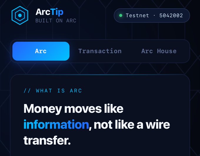 A webpage for "ArcTip BUILT ON ARC" showing a Testnet status of 5042002 and the tagline: 'Money moves like information, not like a wire transfer.'
