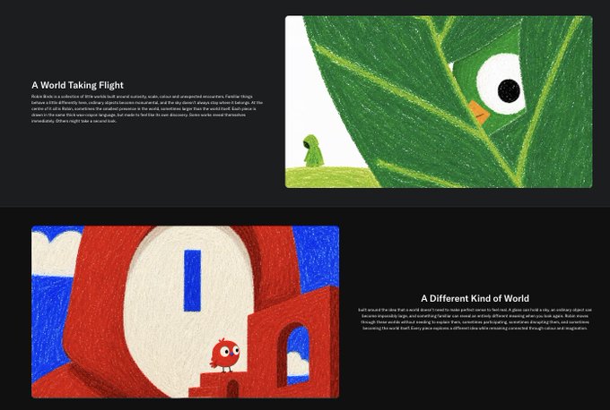 A webpage layout features two sections titled 'A World Taking Flight' and 'A Different Kind of World' with colorful illustrations of stylized birds and characters.