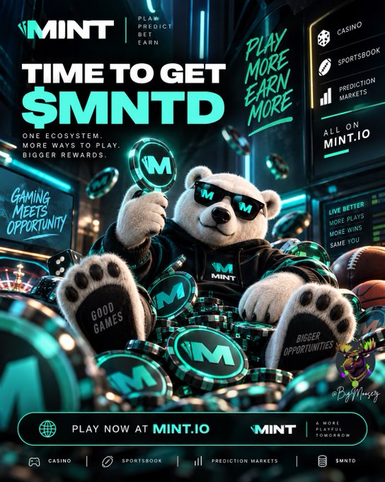 A promotional advertisement for MINT featuring a polar bear wearing sunglasses surrounded by casino chips, with text 'TIME TO GET $MNTD', 'PLAY PREDICT GET EARN', and 'PLAY NOW AT MINT.IO'.