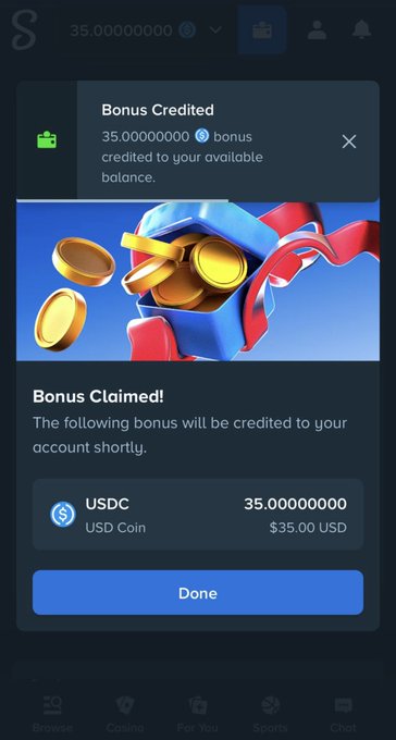 A screenshot from the Stake platform displays a "Bonus Credited" notification of 35.00000000 USDC ($35.00 USD) added to the user's balance, supporting the claim that promotional USDT bonuses are being distributed to attendees of the Drake stream.
