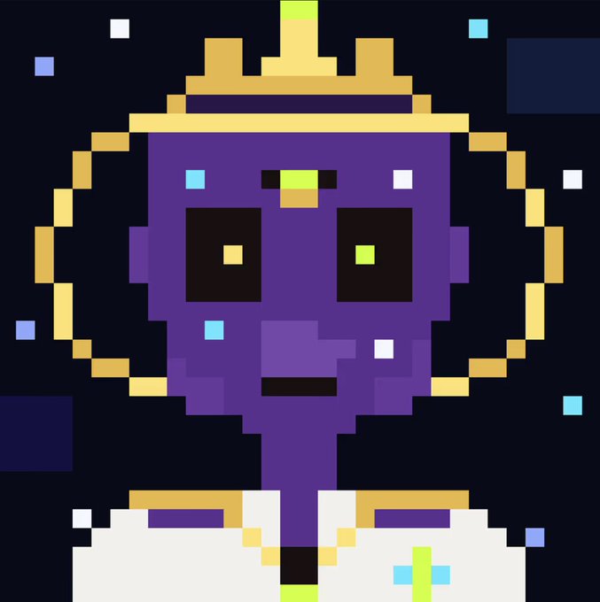 A pixel art portrait of a purple-skinned character with large dark eyes, wearing a golden crown-like headpiece and white robes, set against a starry dark background. The post highlights this as a unique 1/1 (one-of-one) NFT artwork, with the pixelated, single-edition style reinforcing its rarity and singular nature.