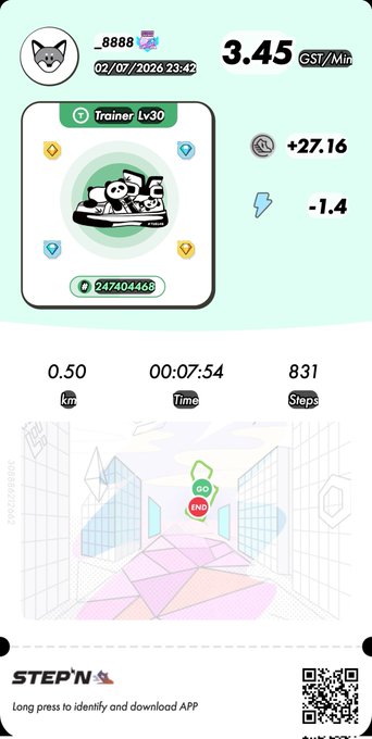 The user wants a concise caption for the provided image.
I need to extract key information:
- **App Name:** STEP'N (visible at the bottom).
- **User Info:** _8888, Trainer Lv30, ID #247404468.
- **Metrics:**
    - Distance: 0.50 km
    - Time: 00:07:54
    - Steps: 831
    - Earnings: 3.45 GST/Min (top right), +27.16 (currency icon), -1.4 (lightning bolt icon, likely energy cost).
- **Context:** The image is a screenshot from the mobile game/app "STEP'N", which is a move-to-earn game where users walk to earn tokens. The post text "夜散歩 #ステップン #STEPN #STEPNGO" translates to