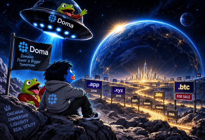 A promotional illustration for 'Doma' features Pepe the Frog characters with a UFO and a flag reading 'Doma - Domains Power a Bigger Tomorrow' overlooking a futuristic cityscape, with signs advertising '.app', '.xyz', '.btc', 'DeFi', and 'RWA'.