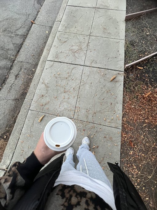 A first-person perspective photo looking down at a person walking on a concrete sidewalk, holding a white coffee cup, wearing grey sweatpants, white sneakers, and a leopard print garment.