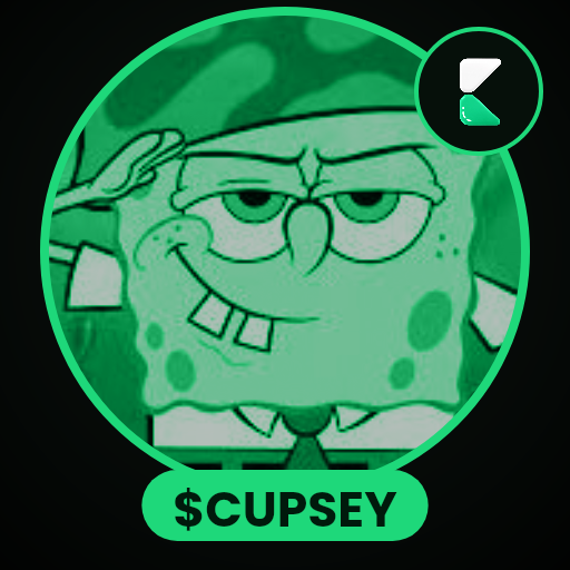 The image is a circular profile picture featuring a green-tinted, cartoon-style SpongeBob character in a military salute, with the text "$CUPSEY" displayed at the bottom and a logo icon in the top right corner. It serves as a promotional graphic for the newly launched "$CUPSEY" token on pump.fun, highlighting the coin's branding and its creator, Cupsey.