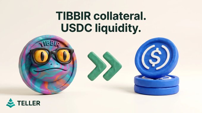 A Teller Finance advertisement showing a colorful 3D character labeled 'TIBBIR' converting into USDC coins, with text reading 'TIBBIR collateral. USDC liquidity.' and the Teller logo.