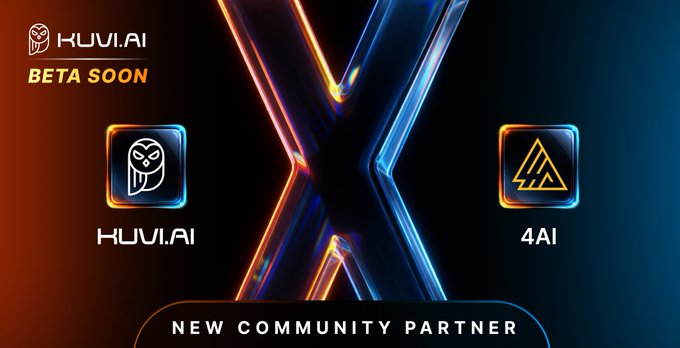 A promotional graphic announcing Kuvi.AI's new community partnership with 4AI ahead of its beta launch, featuring illuminated neon logos for both Kuvi.AI (depicted as an owl) and 4AI (depicted as a triangular design) flanking a glowing "X" symbol on a dark background, with "BETA SOON" and "NEW COMMUNITY PARTNER" text highlighting the collaboration between the AI agent platform and the decentralized AI marketplace on BNB Chain.