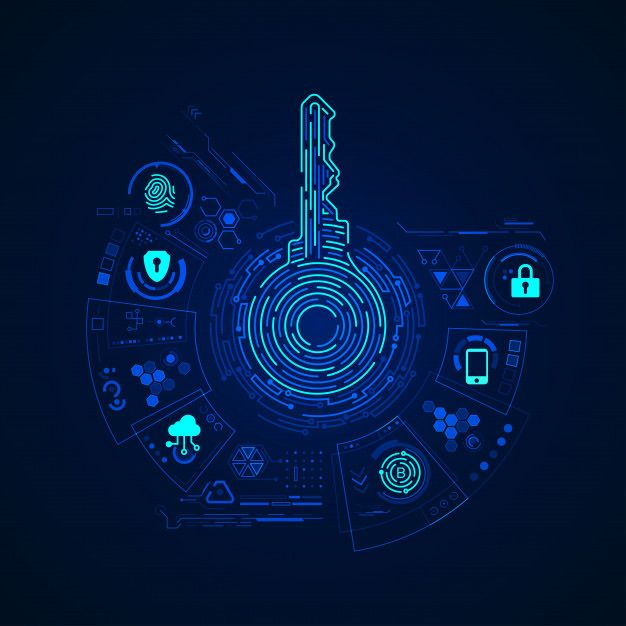 A digital illustration of a glowing blue key surrounded by technology-themed circular icons, including symbols for fingerprint, security shield, cloud, and Bitcoin.