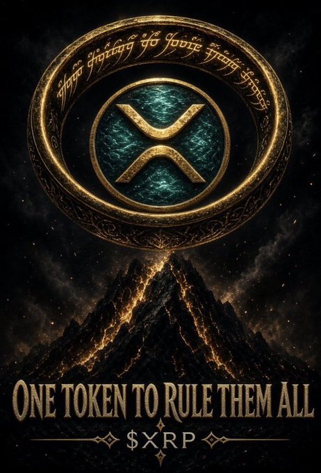 A Lord of the Rings-themed parody poster featuring a glowing golden ring with the XRP logo inside, hovering over a fiery mountain, with the text 'ONE TOKEN TO RULE THEM ALL' and '$XRP'.