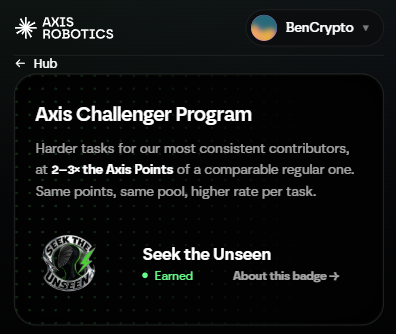 A dark-themed app screen for 'AXIS ROBOTICS' shows an 'Axis Challenger Program' offering '2-3x the Axis Points' for tasks, with a 'Seek the Unseen' badge marked as 'Earned'.