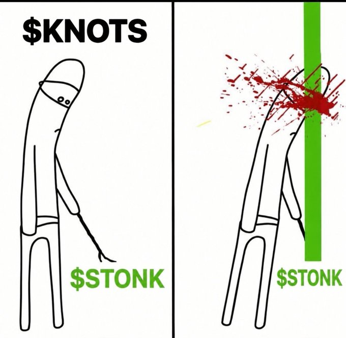 A two-panel meme shows a stick figure labeled "$KNOTS" bending over with "$STONK" written below, and in the second panel, the stick figure is violently impaled by a green pole with blood splatter, yet "$STONK" remains intact beneath—illustrating that $KNOTS claims to simply be $STONK reversed, but harbors a hidden, destructive mechanism behind its apparent simplicity.