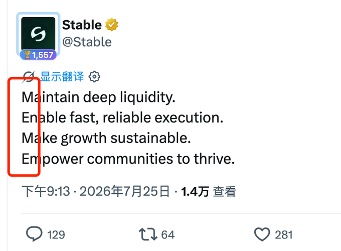 A screenshot of a tweet from the verified account @Stable containing four mission statements: 'Maintain deep liquidity. Enable fast, reliable execution. Make growth sustainable. Empower communities to thrive.', with the first letters highlighted by a red box.