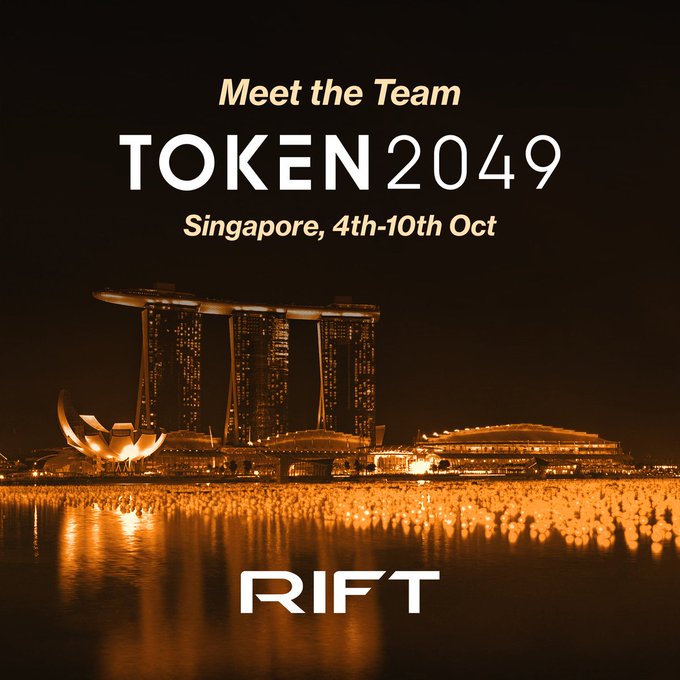 Promotional graphic for the 'TOKEN 2049' event, reading 'Meet the Team' with dates 'Singapore, 4th-10th Oct', featuring a nighttime view of the Marina Bay Sands skyline and the 'RIFT' logo.