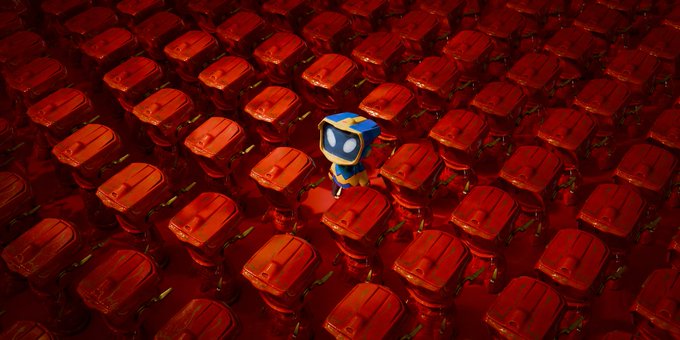 A small blue and yellow robot character stands alone amid an endless grid of identical red collectible figures, visually symbolizing how Blokyz stands out as a unique designer collectible builder amid a crowded NFT landscape. The image reinforces the post's message about Blokyz's distinctive momentum and creative identity within the web3 space.